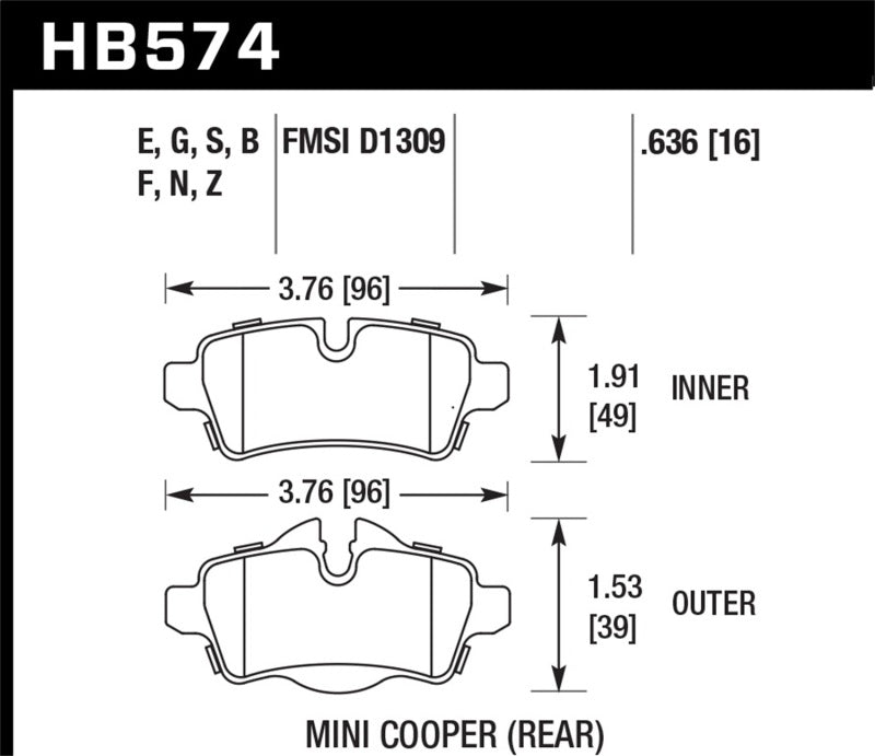 Hawk Performance HB574Z.636 Hawk 07+ Mini Cooper Performance Ceramic Street Rear Brake Pads