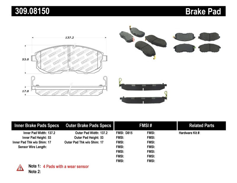 Stoptech 309.08150 StopTech Performance 02-05 Infiniti G35 / 07-09 Nissan Altima/Sentra / 6/02-05 350Z Front Brake Pa