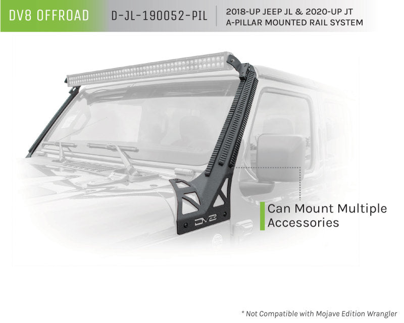 DV8 Offroad D-JL-190052-PIL 2018+ JL/Gladiator Picatinny Rail A-Pillar Pod LED Light Mount