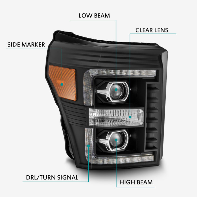AlphaRex 880142 11-16 Ford F-250 SD PRO-Series Projector Headlights Plank Style Design Black w/Seq Signal