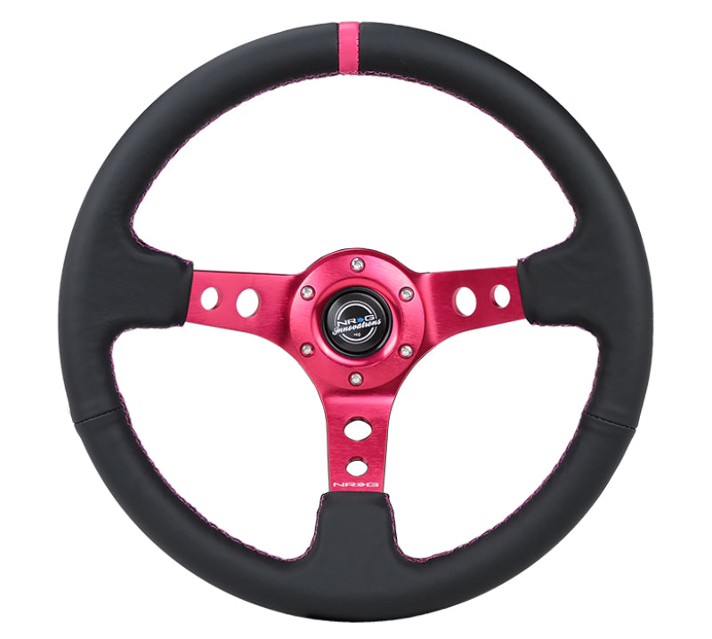 NRG RST-006FH Reinforced Steering Wheel (350mm/3in. Deep) Black Leather/ Fushia Center Mark/ Fushia Stitching