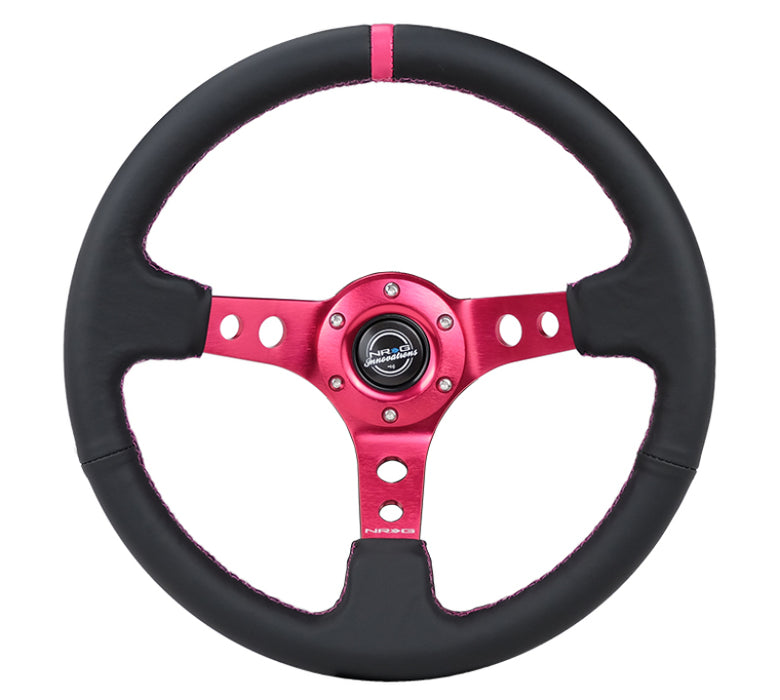 NRG RST-006FH Reinforced Steering Wheel (350mm/3in. Deep) Black Leather/ Fushia Center Mark/ Fushia Stitching