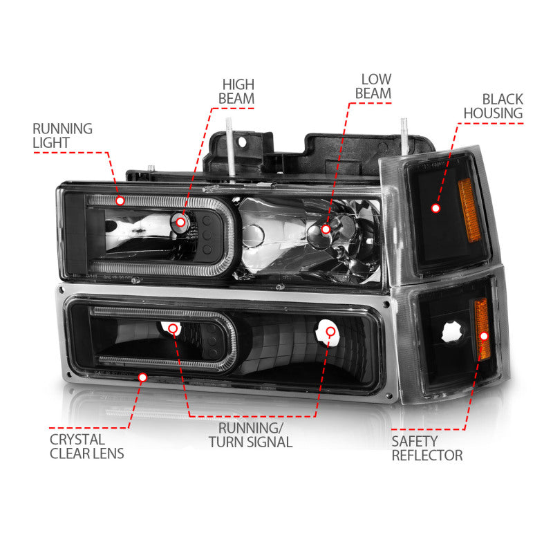 ANZO 111528 88-98 Chevrolet C1500 Crystal Headlights w/ Light Bar Black Housing w/ Signal Side Markers 8Pcs