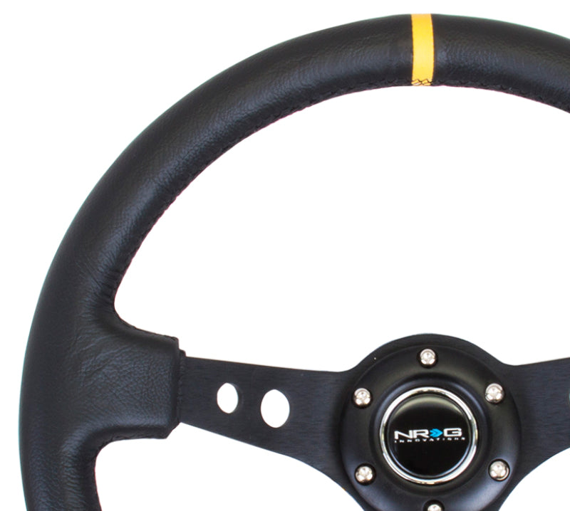 NRG RST-006BK-Y Reinforced Steering Wheel (350mm / 3in. Deep) Blk Leather w/Blk Cutout Spoke/Yellow Center Mark