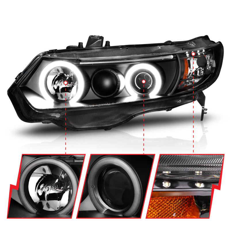 ANZO 121062 2006-2011 Honda Civic Projector Headlights w/ Halo Black (CCFL)