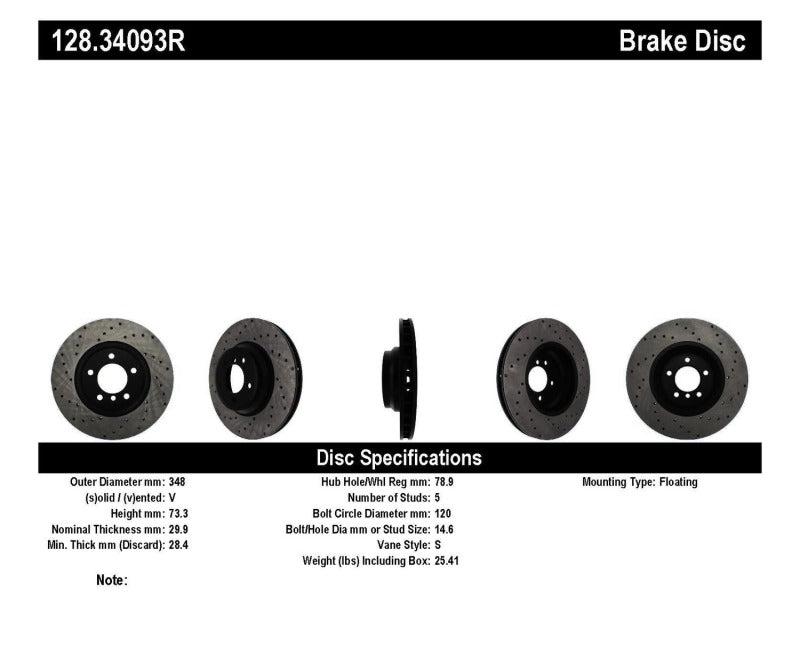 Stoptech 128.34093R StopTech 07-10 BMW 335i Cross Drilled Right Front Rotor