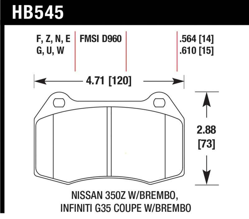 Hawk Performance HB545U.564 Hawk 03-04 Infiniti G35 / 04-09 Nissan 350z w/ Brembo Brakes DTC-70 Race Front Brake Pads