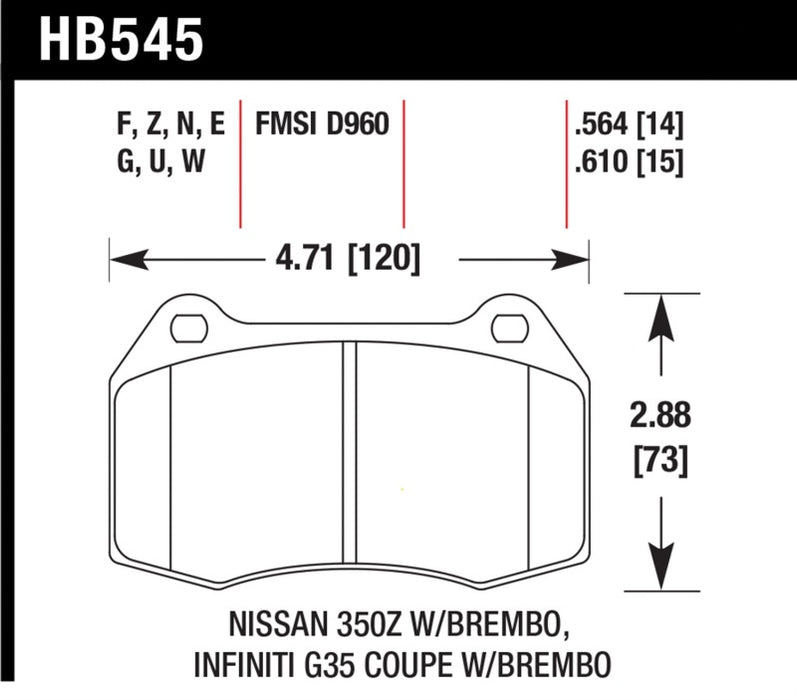 Hawk Performance HB545U.564 Hawk 03-04 Infiniti G35 / 04-09 Nissan 350z w/ Brembo Brakes DTC-70 Race Front Brake Pads