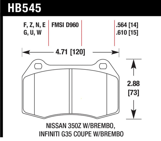 Hawk Performance HB545G.564 Hawk 03-04 Infinit G35 / 04-09 Nissan 350z w/ Brembo DTC-60 Race Front Brake Pads
