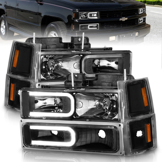 ANZO 111528 88-98 Chevrolet C1500 Crystal Headlights w/ Light Bar Black Housing w/ Signal Side Markers 8Pcs