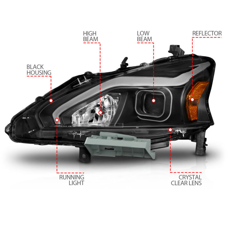 ANZO 121569 13-15 Nissan Altima (w/o Factory HID Bulbs) Projector Headlights - w/ Light Bar Black Housing