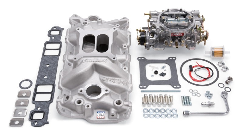Edelbrock 2021 Manifold And Carb Kit Performer Eps Small Block Chevrolet 1957-1986 Natural Finish