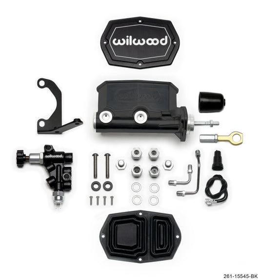 Wilwood 261-15545-BK Compact Tandem M/C - 1.12in Bore w/Bracket and Valve fits Mustang (Pushrod) - Black