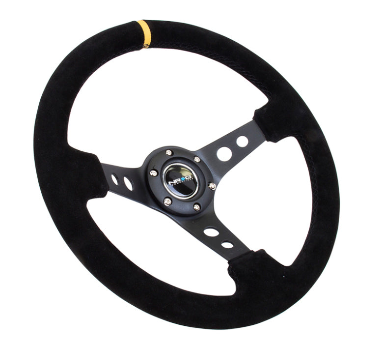 NRG RST-006S-Y Reinforced Steering Wheel (350mm / 3in. Deep) Blk Suede w/Circle Cut Spokes & Single Yellow CM
