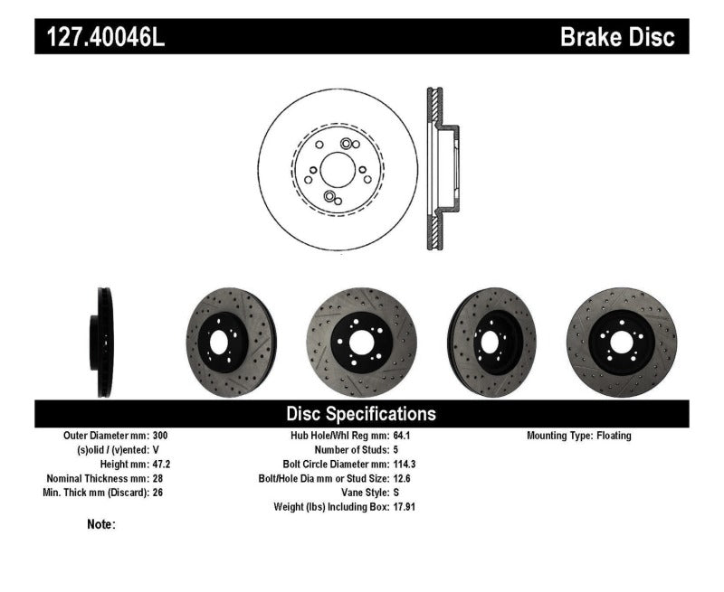 Stoptech 127.40046L StopTech Nissan 370Z / 01-03 Acura CL / 06 EL / 04-09 TSX / 03-07 Honda Accord Coupe M/T / 05-08 Se
