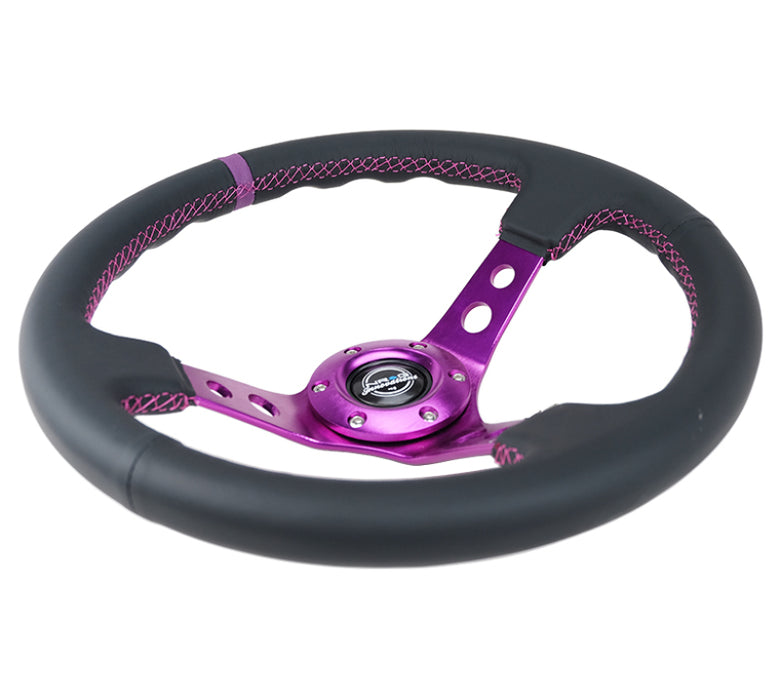 NRG RST-006PP Reinforced Steering Wheel (350mm / 3in. Deep) Black Leather w/Purple Center & Purple Stitching