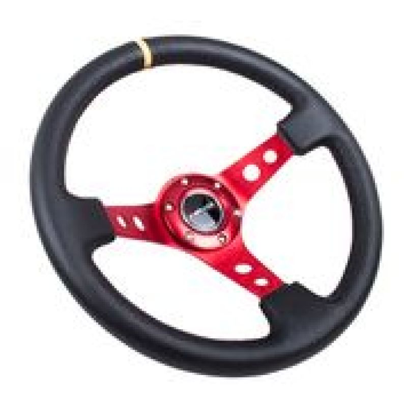 NRG RST-006RD-Y Reinforced Steering Wheel (350mm / 3in. Deep) Blk Leather w/Red Spokes & Sgl Yellow Center Mark