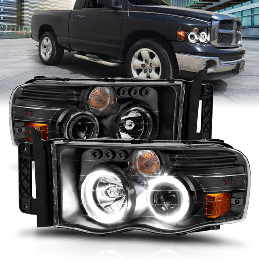 ANZO 111490 2002-2005 Dodge RAM 1500 Projector Headlights w/ Halo Black Clear Amber
