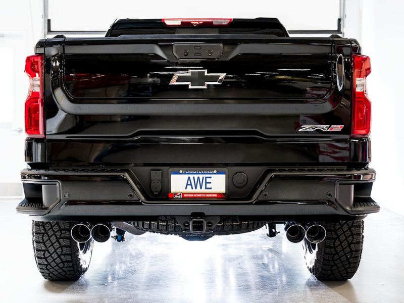 AWE Tuning 3015-42284 22-23 GMC Sierra 1500 AT4X 6.2L 0FG Catback Split Dual (Flat Bumper) - Chrome Silver Tips