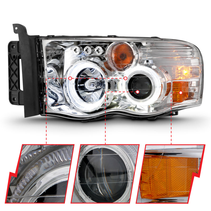 ANZO 111491 2002-2005 Dodge RAM 1500 Projector Headlights w/ Halo Chrome Clear Amber