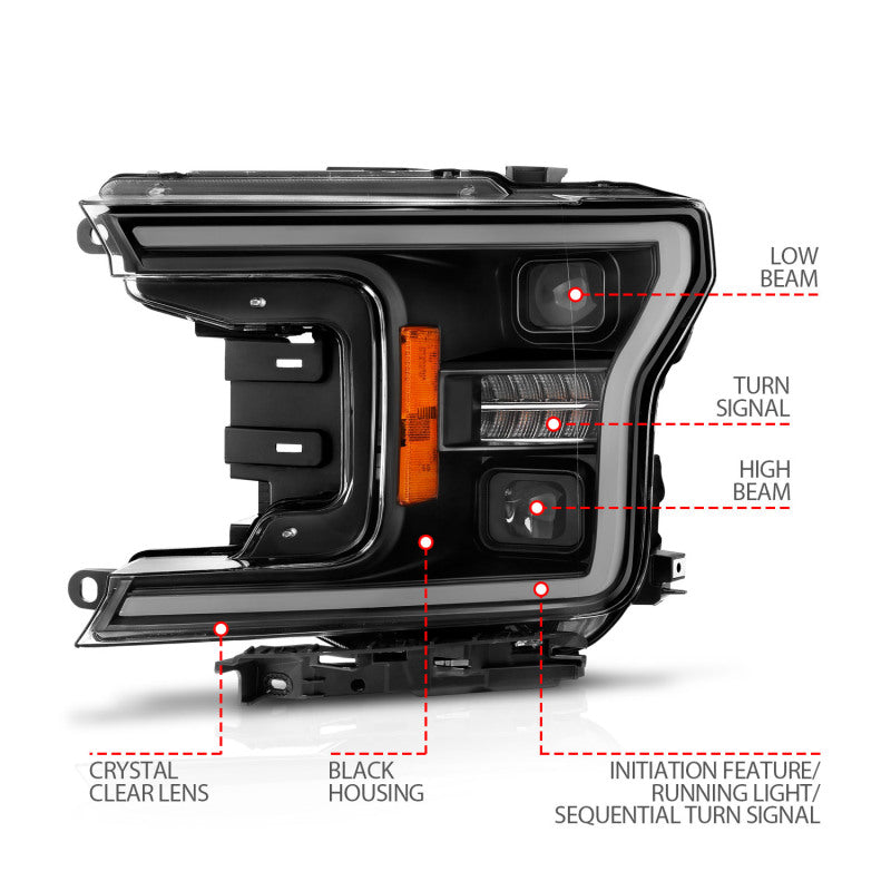 ANZO 111570 18-20 Ford F-150 (w/o Fctry LED) Full LED Proj Headlights w/Light Bar Swtchbk Seq. Black w/Init