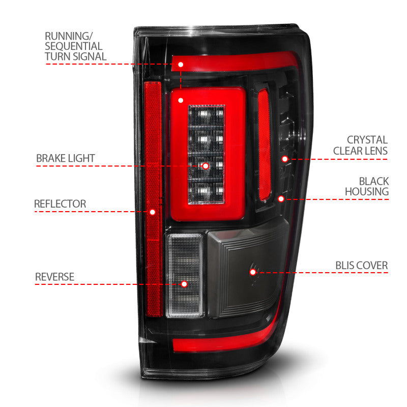 ANZO 311473 21-23 Ford F-150 LED Taillights Seq. Signal w/BLIS Cover - Black Housing