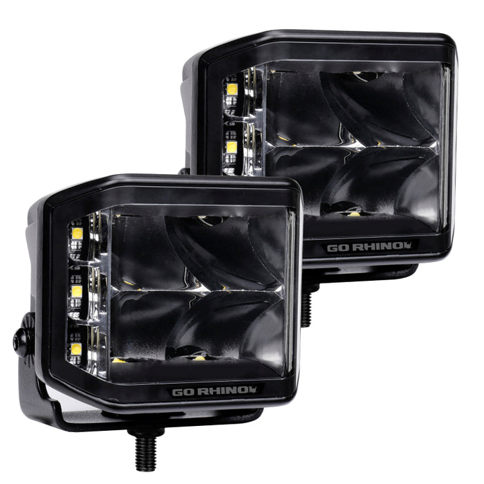 Go Rhino 750700321SCS Xplor Blackout Series Cube LED Sideline Spot Light Kit (Surface Mount) 4x3 - Blk (Pair)