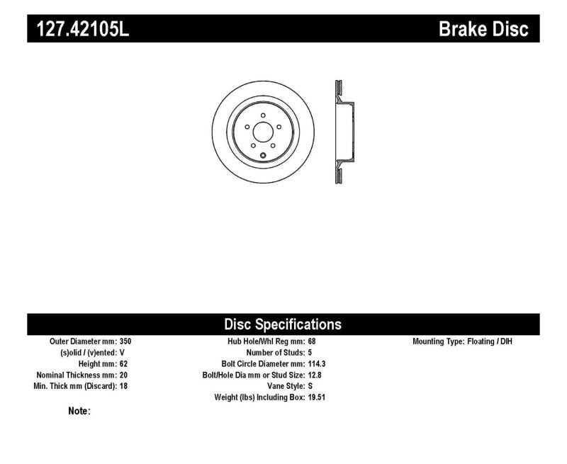 Stoptech 127.42105L StopTech 09 Infiniti FX50 SportStop Slotted & Drilled Rear Left Rotor