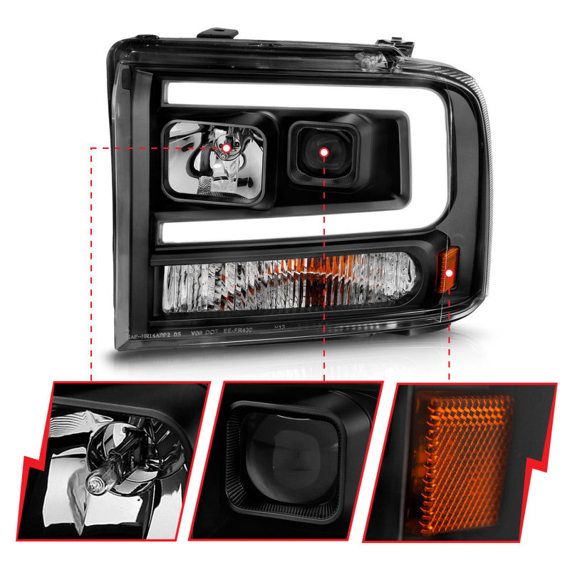 ANZO 111551 99-04 Ford F250/F350/F450/Excursion (excl 99) Projector Headlights - w/ Light Bar Black Housing