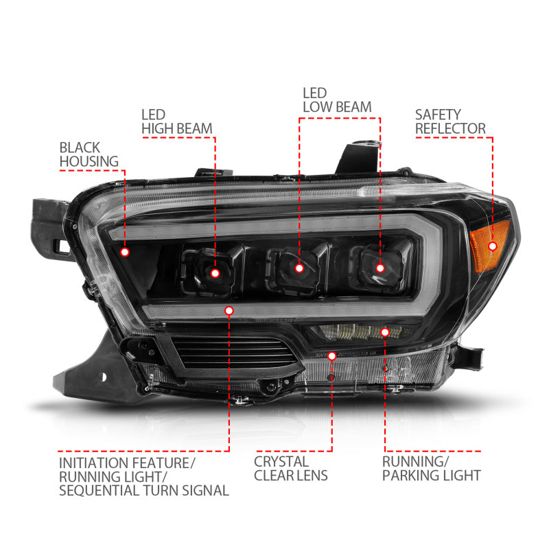 ANZO 111563 16-22 Toyota Tacoma LED Projector Headlights w/ Light Bar Sequential Black Housing w/Initiation