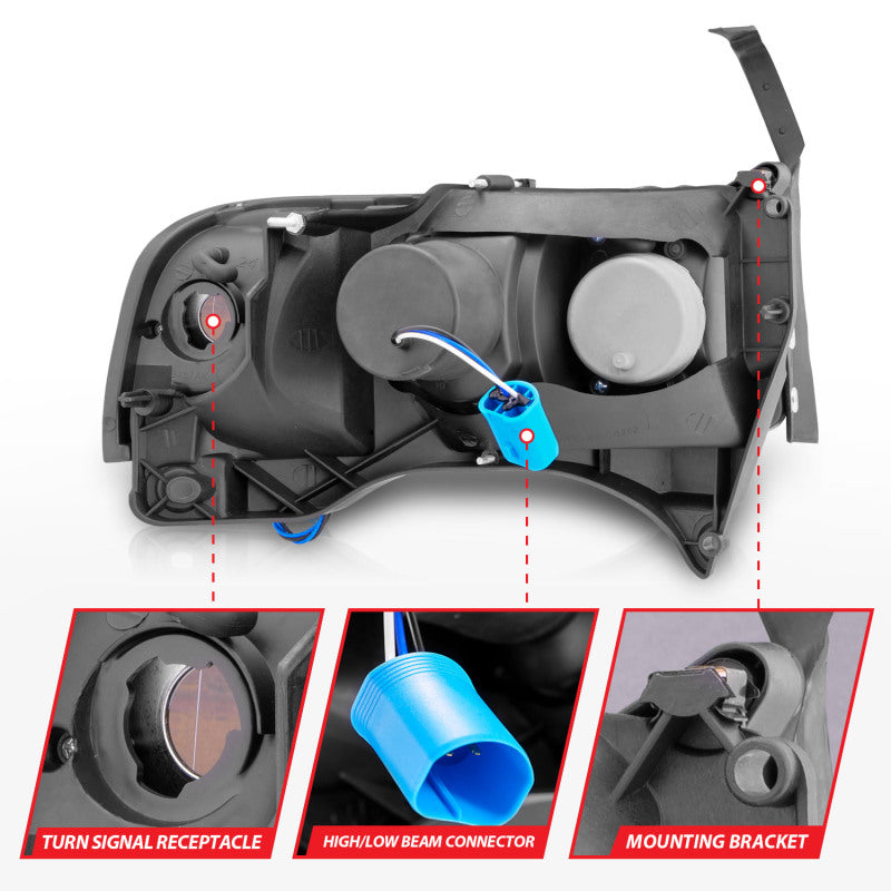 ANZO 111205 1994-2001 Dodge RAM Crystal Headlights Black w/ LED