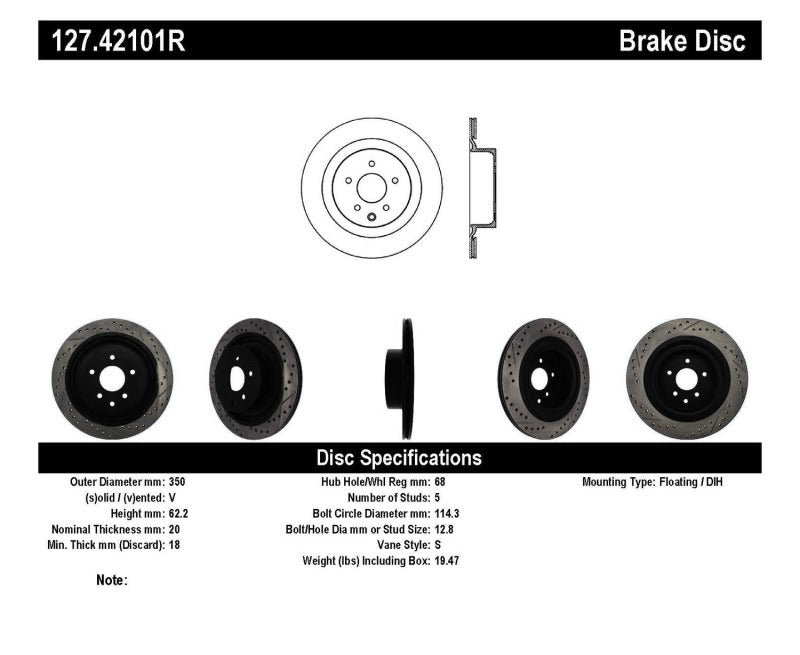 Stoptech 127.42101R StopTech Infiniti G37 / Nissan 370Z SportStop Slotted & Drilled Rear Right Rotor