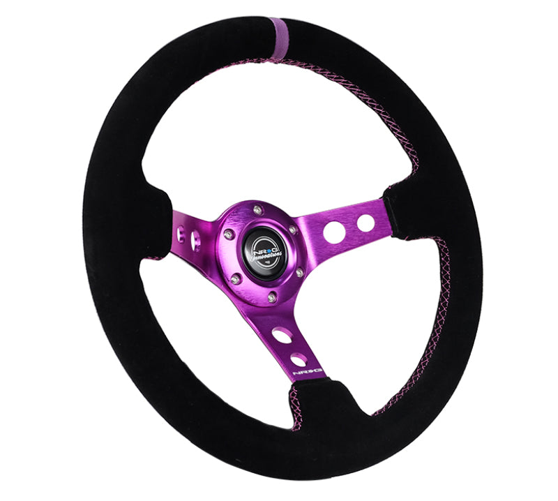 NRG RST-006S-PP Reinforced Steering Wheel (350mm / 3in. Deep) Black Suede w/Purple Center & Purple Stitching