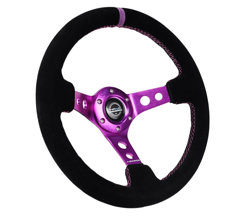 NRG RST-006S-PP Reinforced Steering Wheel (350mm / 3in. Deep) Black Suede w/Purple Center & Purple Stitching