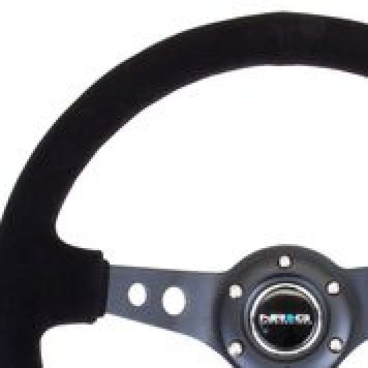 NRG RST-006-S Reinforced Steering Wheel (350mm / 3in. Deep) Blk Suede/Blk Stitch w/Black Circle Cutout Spokes