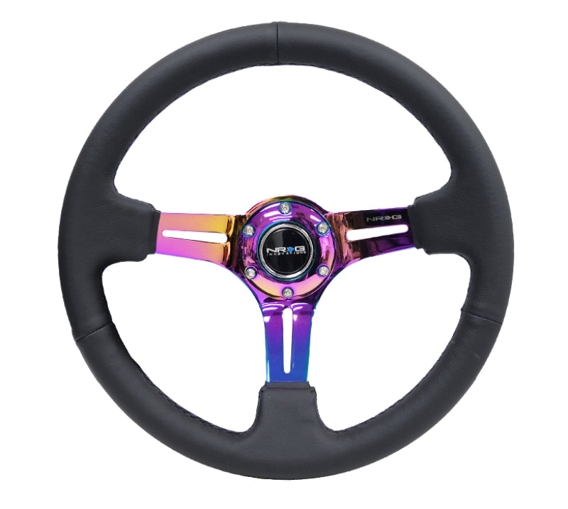 NRG RST-018R-MCBS Reinforced Steering Wheel (350mm / 3in. Deep) Blk Leather/Blk Stitch w/Neochrome Slits