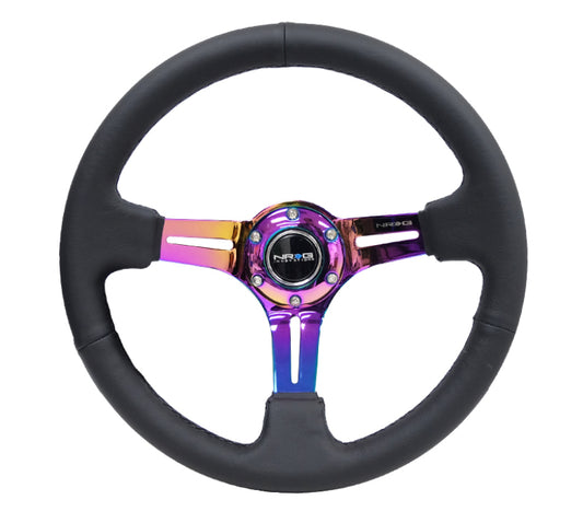 NRG RST-018R-MCBS Reinforced Steering Wheel (350mm / 3in. Deep) Blk Leather/Blk Stitch w/Neochrome Slits