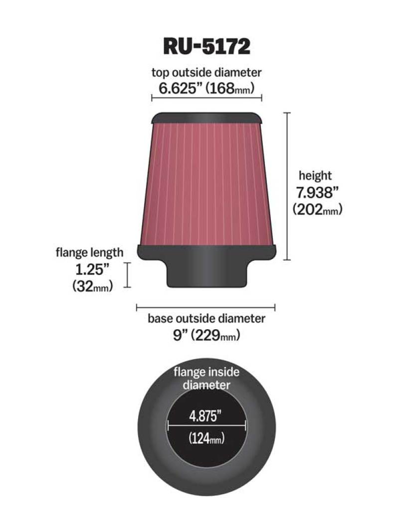 K&N Engineering RU-5172 K&N Universal Rubber Filter-Round Tprd 4.875in Flange ID x 9in Base OD x 6.625in Top OD x 7.938in H