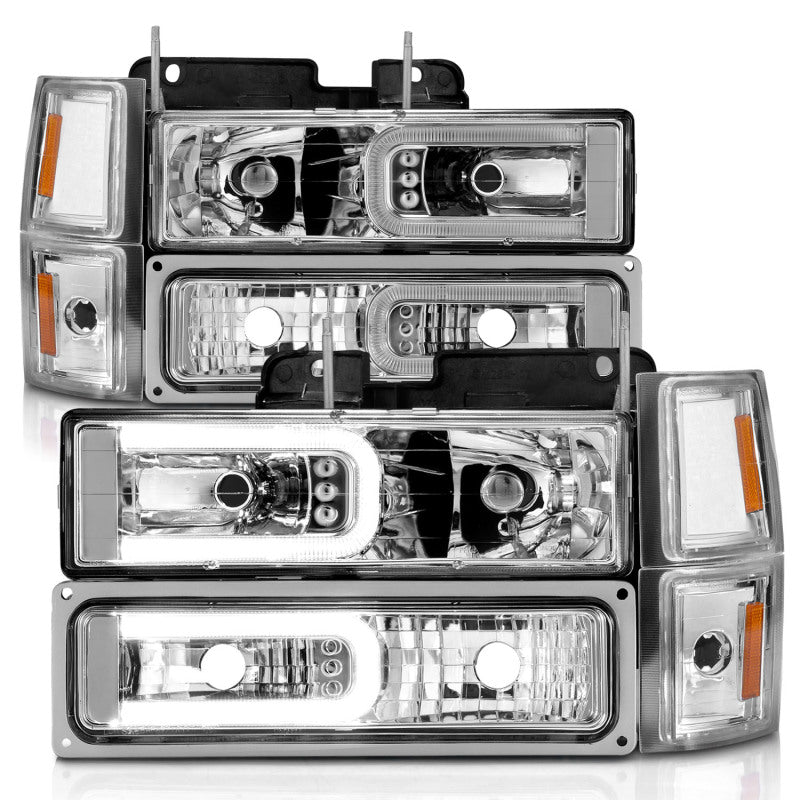ANZO 111529 88-98 Chevrolet C1500 Crystal Headlights w/Light Bar Chrome Housing w/ Signal Side Markers 8Pcs