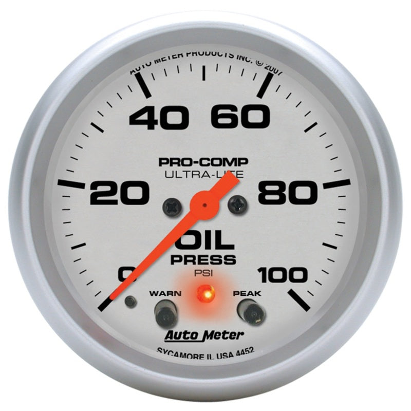 AutoMeter 4452 Autometer Ultra-Lite 66.7mm Oil Press 2 5/8in 100PSI Digital Stepper Motor w/ Peak & Warning Light