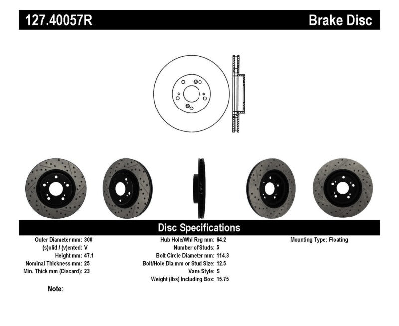 Stoptech 127.40057R StopTech 02-06 Acura RSX Type S / 06-09 Honda Civic Si Slotted & Drilled Right Front Rotor