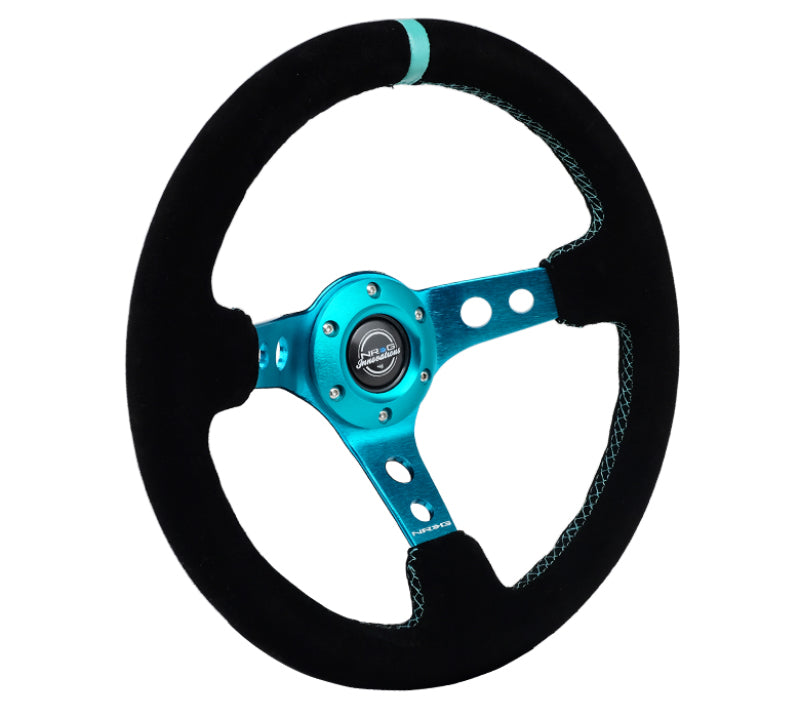 NRG RST-006S-TL Reinforced Steering Wheel (350mm/ 3in. Deep) Black Suede/ Teal Center Mark/ Teal Stitching