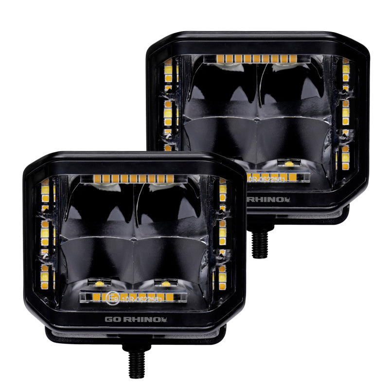 Go Rhino 750700322SCS Xplor Blackout Combo Series Cube Sideline LED Spot Lights w/ Amber 4x3 - Blk (Pair)