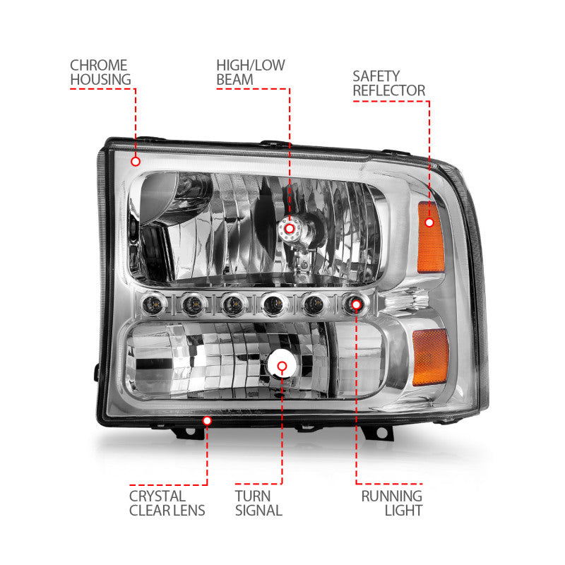 ANZO 111088 2000-2004 Ford Excursion Crystal Headlights Chrome w/ LED 1pc