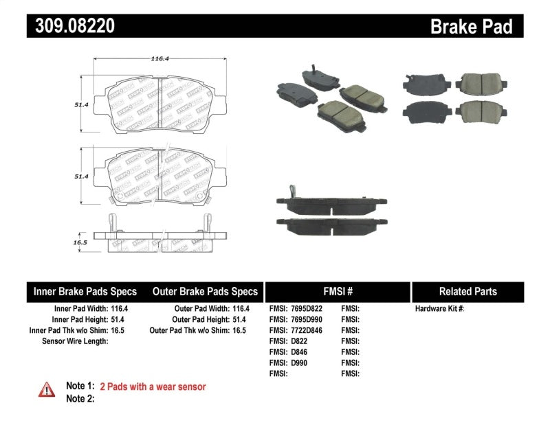 Stoptech 309.08220 StopTech Performance 00-05 Spyder MR2 / 00 Celica GT / 04-07 xA/xB Front Brake Pads