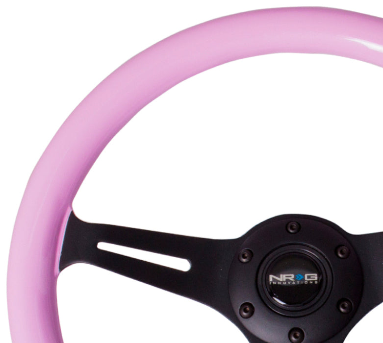 NRG ST-015BK-PK Classic Wood Grain Steering Wheel (350mm) Solid Pink Painted Grip w/Black 3-Spoke Center