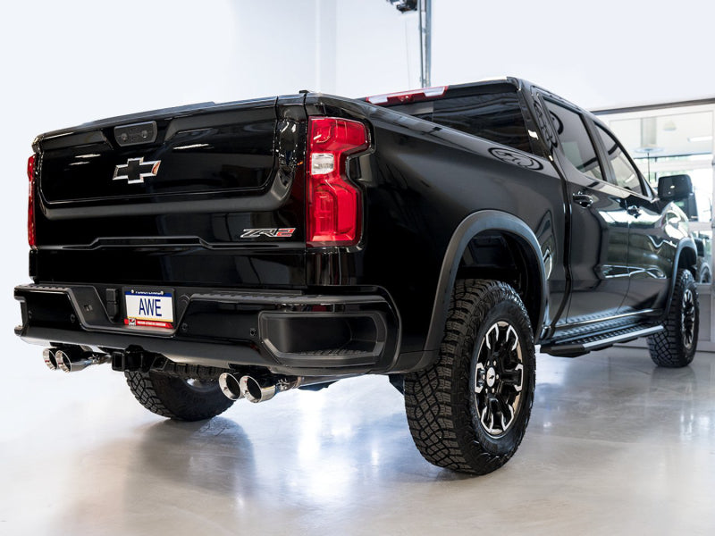 AWE Tuning 3015-42284 22-23 GMC Sierra 1500 AT4X 6.2L 0FG Catback Split Dual (Flat Bumper) - Chrome Silver Tips