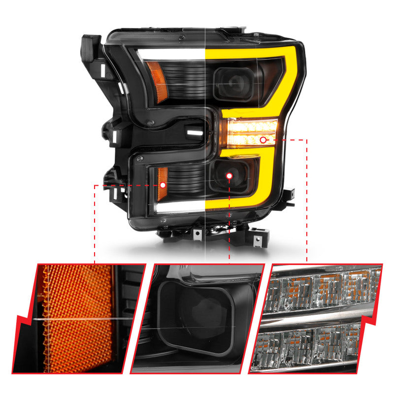 ANZO 111547 15-17 Ford F-150 LED Projector Headlights - w/ Light Bar Switchback Black Housing