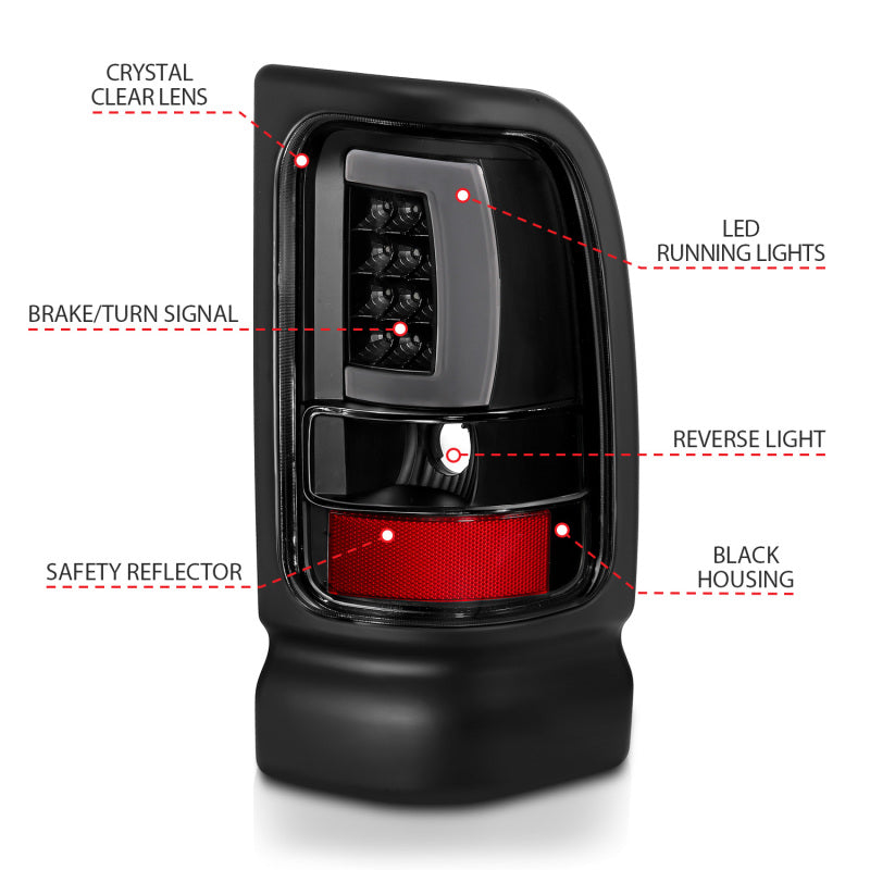 ANZO 311339 1994-2001 Dodge RAM 1500 LED Taillights Plank Style Black w/Clear Lens
