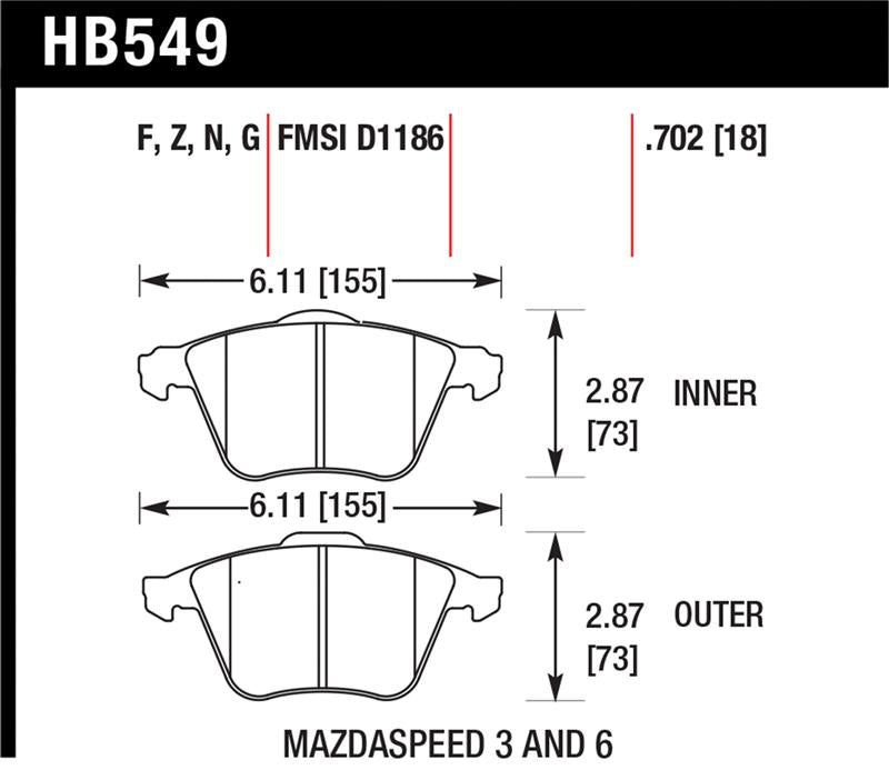 Hawk Performance HB549N.702 Hawk 07-08 Mazdaspeed3/06-07 Mazdaspeed6 HP+ Street Front Brake Pads